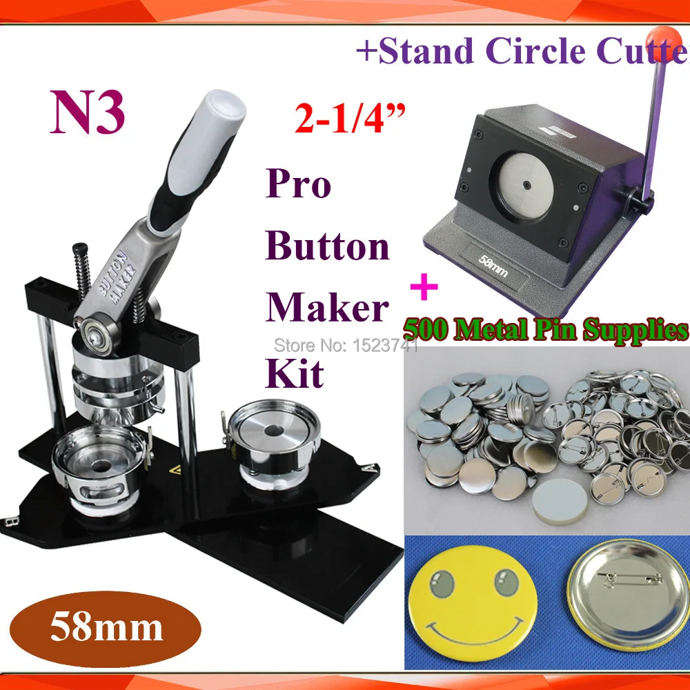

Pro N3 NEW 2-1/4":58mm Badge Button Maker Machine +Stand Multi-Sheets Punch Cutter+500 Sets Metal Pinback Button Supply