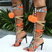 Г., женские оранжевые сапоги-гладиаторы до колена летние сандалии на меху с шипами женская обувь на шпильке с вырезами