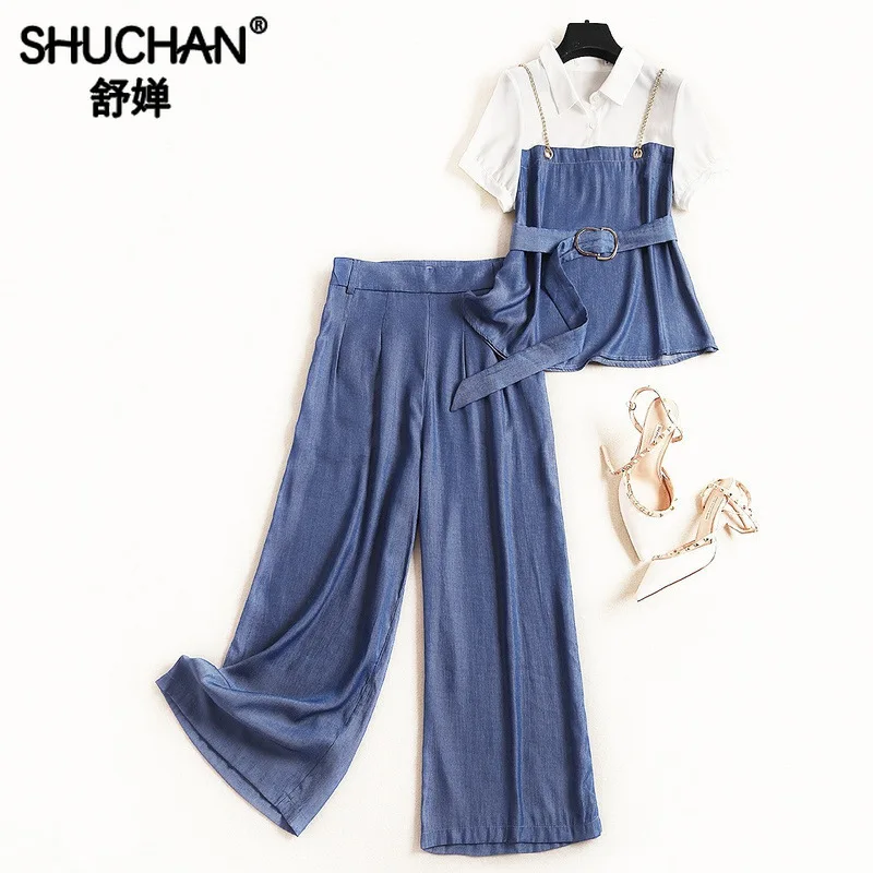 

Shuchan Summer Casual Trousers Suit Denim Fashion 2019 Designer Female Costume Two Piece Set +Wide Leg Pants Matching Sets 51186