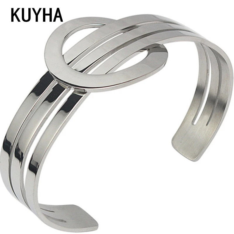 

Fashion Jewelry Shiny Silver Elegant Simple Cuff Bangle Bracelet for Women 316L Stainless Steel Metal Round Bangle Canada Design