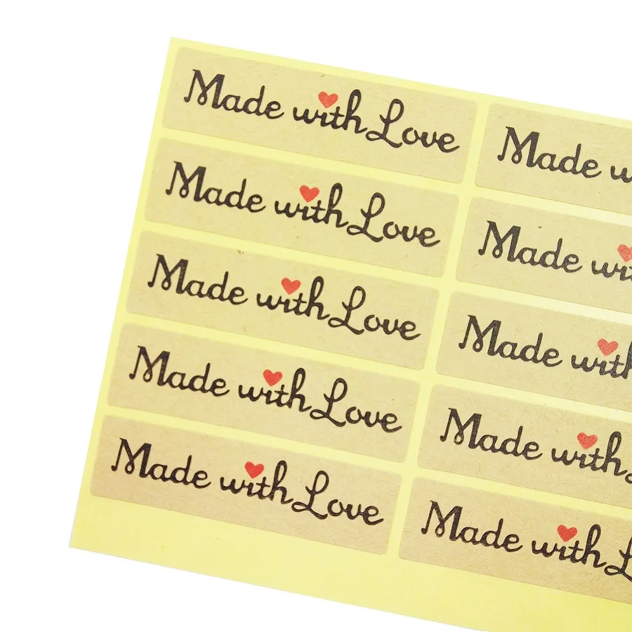

100 Pcs/lot Cute Stickers 'Made with Love' Red Heart Rectangle Kraft Paper Seal Sticker For Homemade Gift Packaging Scrapbooking