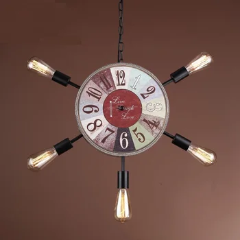 

Retro industry Clock pendant lights attic art restaurant cafe home lamp creative personality wooden 5 heads pendant lampS GY205