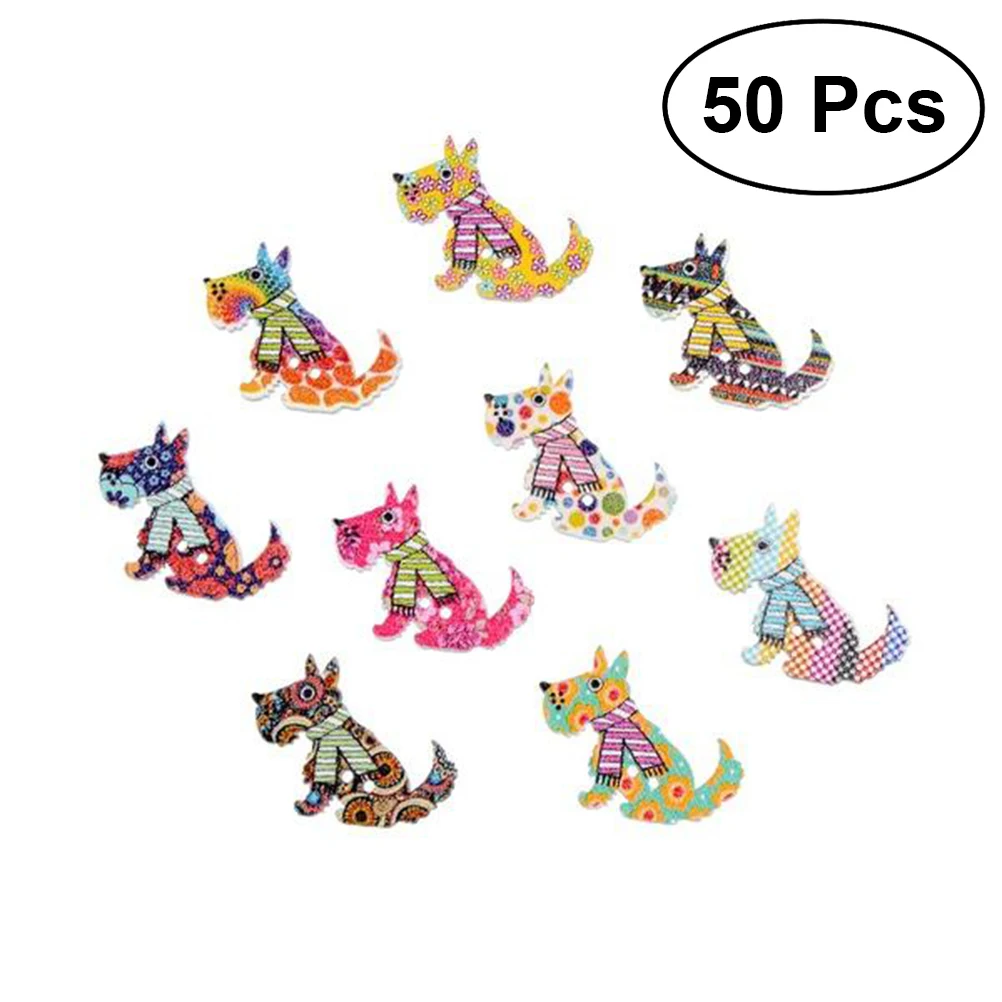

50pcs Scottie Dog Shaped 2 Hole Painted Wooden Buttons for Sweaters or Crafts