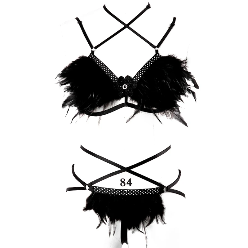 Bondage Full Sexy Body Harness Set for Women Plus Feather Harness Black Chest Bra Goth Erotic Rave Dance Fetish Cosplay Wear