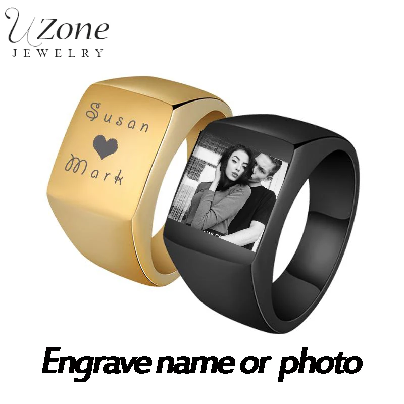 

Customized Punk Polished Stainless Steel Big Mid Photo Word Name Ring Engrave Signet Ring For Men Biker Ring
