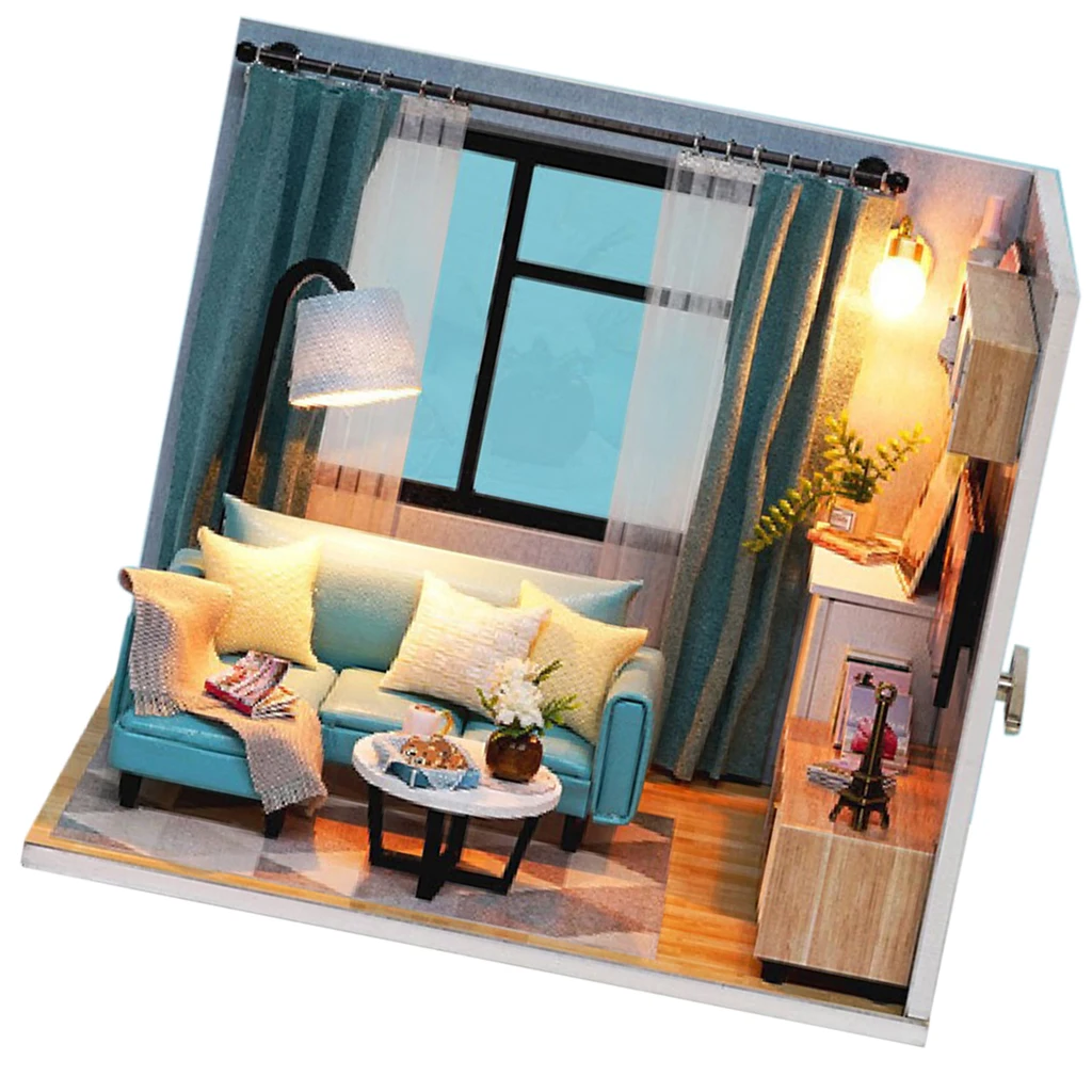 DIY Wooden Dollhouse Miniature Kit Furniture LED Light Corner of Living Room