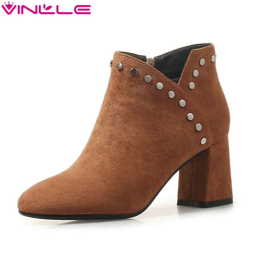 

VINLLE 2019 Women Ankle Boots Fashion Winter Flock Elegant Fashion Square High Heel Round Toe Zipper Women Shoes Size 34-43