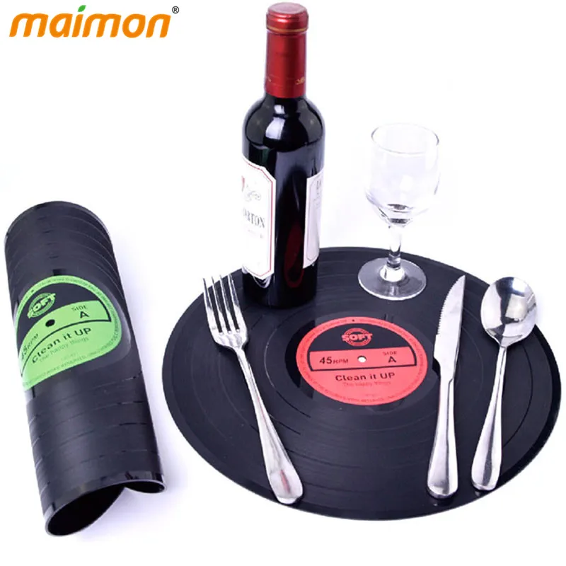 

30cm Big Retro Record Black Vinyl Table Mat Insulation Soft Silicone Dining Table Plate Mat Round Placemat Kitchen Decor 1piece