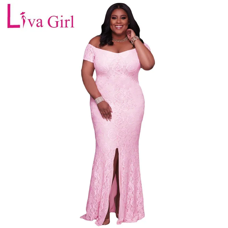 LIVA девушка кружева размера плюс Макси платье для элегантных женщин Весна с открытыми плечами Сплит платья большой размер розовый Rode Vestido De Renda