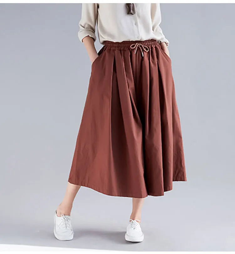 Одноцветные штаны с эластичной резинкой на талии размера плюс, весенние повседневные свободные льняные женские укороченные широкие штаны с карманами