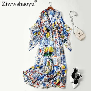 Ziwwshaoyuевропа и США осеннее новое платье богемное с принтом с бантом и v-образным вырезом с расклешенными рукавами большое свободное платье на заказ 5XL - Цвет: Многоцветный