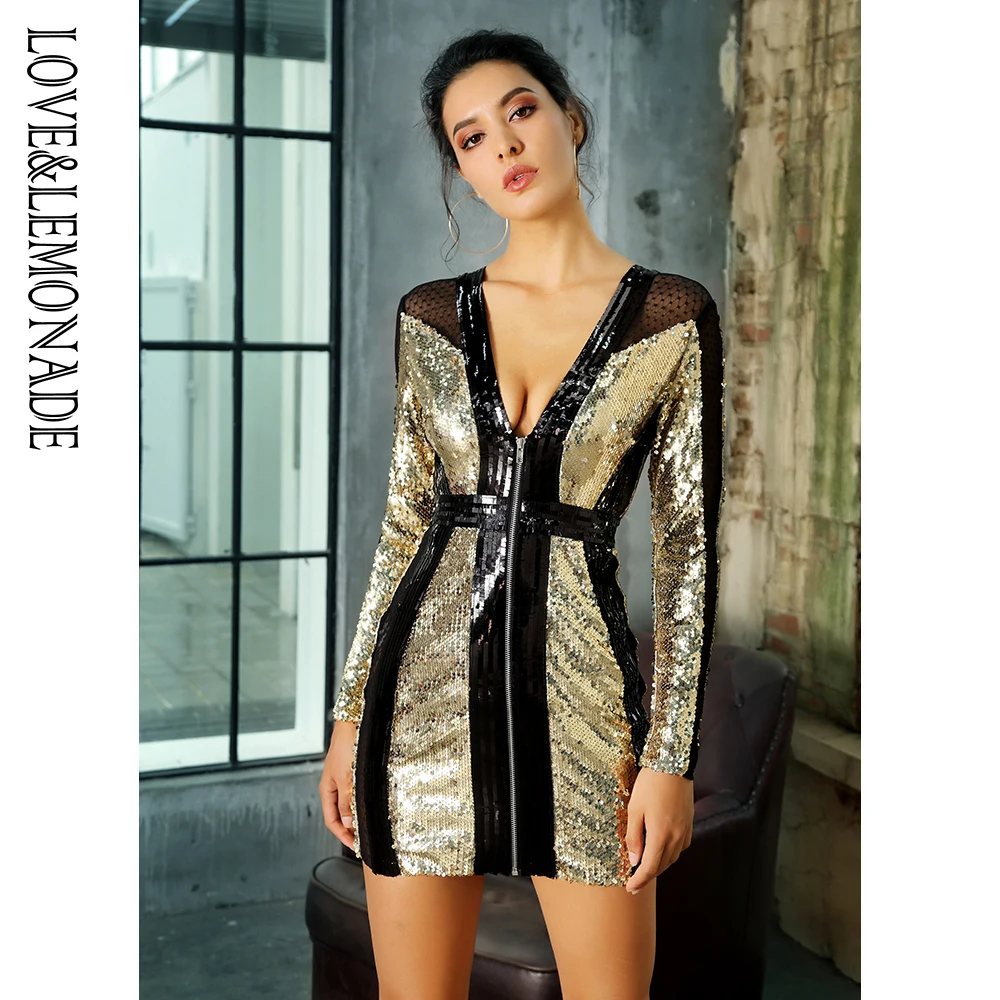 

Love&Lemonade V-Neck Gold And Black Patchwork Sequin Party Dress LM1508