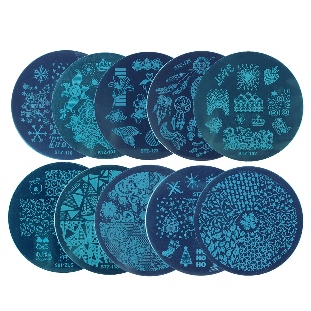 

1/10pcs Geometry Round Random Style Nail Stamping Plate+5pc Sponge+1pc Clear Silicone Nail Art Stamper Scraper Image Manicure