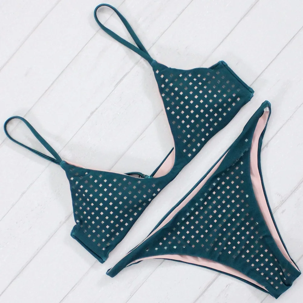Sexy Women Bikinis Padded Bikini Set Plaid Hollow Design Bathing Suit