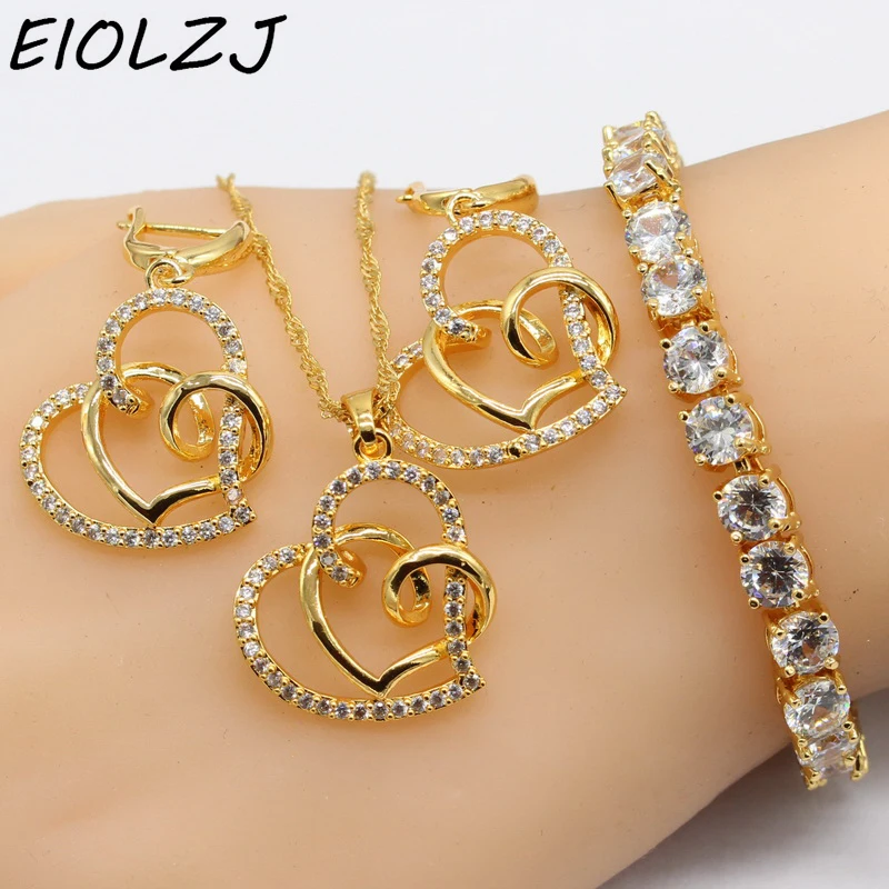 

Gold Color Wedding Necklace Sets For Bride Heart White Zircon Bridesmaid Jewelry Sets Choker Dangle Earrings Bracelet