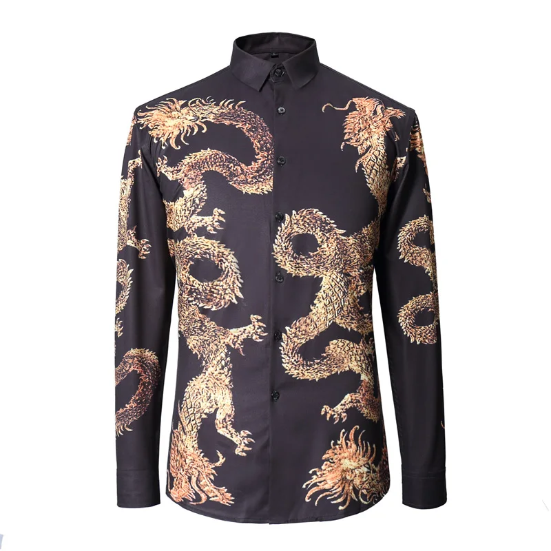 Golden Dragon Print Shirt Men Long Sleeve Social Casual Golden Dragon Print Shirt Men Long Sleeve Social Casual