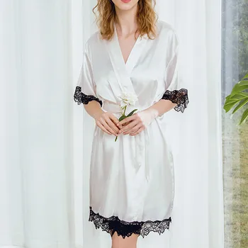 

Fashion 2019 New Summer Women Sexy Delicate Satin Fashion Lace Patchwork Pajamas Sleepwear Robe Half Sleeve Comfortable Ladies