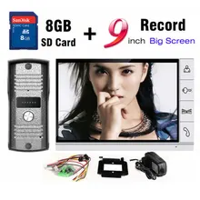 New 9 Inch Big Screen+8GB SD Card Video Record Door Phone Intercom System Outdoor waterproof Doorbell Camera Intercom Door bell