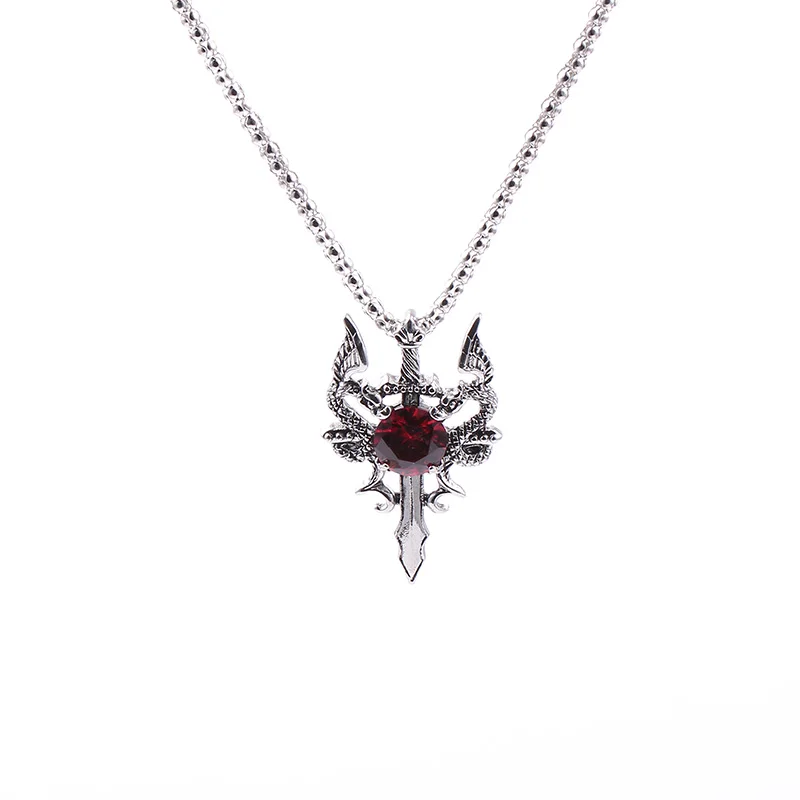 Рок Панк двойной дракон крест ожерелье с кулоном в виде меча для мужчин Винтаж Панк животных велосипедные украшения 10 шт - Окраска металла: red crystal