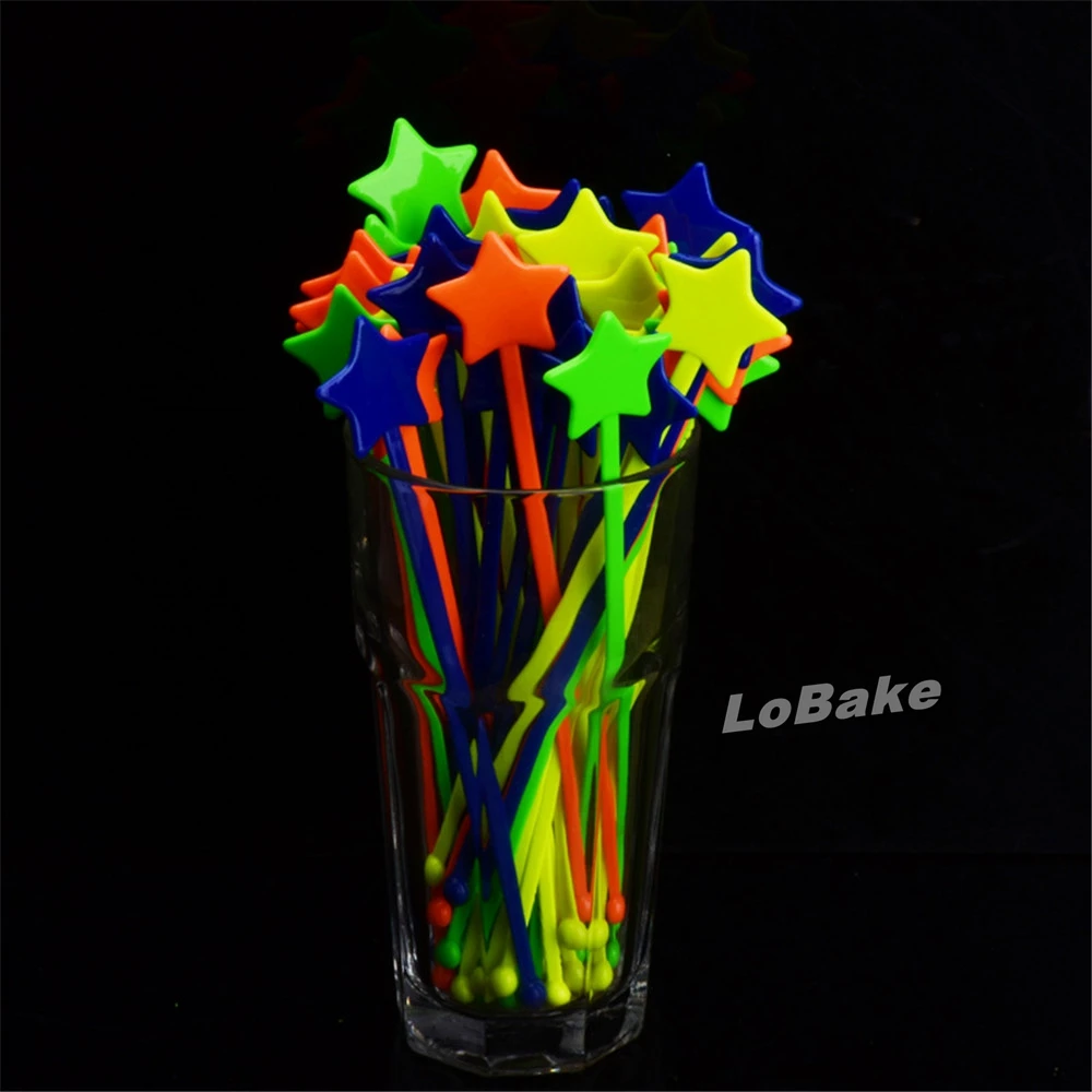 (50pcs/bag) 18.5cm multi color star shape plastic cocktail whisks