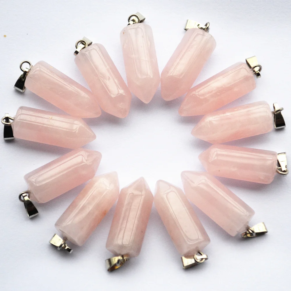 

2018 Fashinon Hot Selling fine Natural Stone Pink quartz Pendants Charms Point pillar Teardrop 12Pcs/Lot Wholesale Free shipping