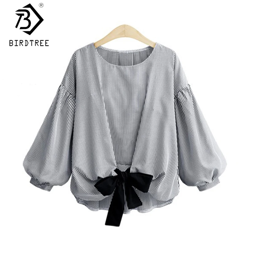 

2019 Summer New Women Striped Ribbon Bow T Shirt Lantern Sleeve Casual Sweet Female Loose Ruched Top Plus Size 4XL Tees T8D742C