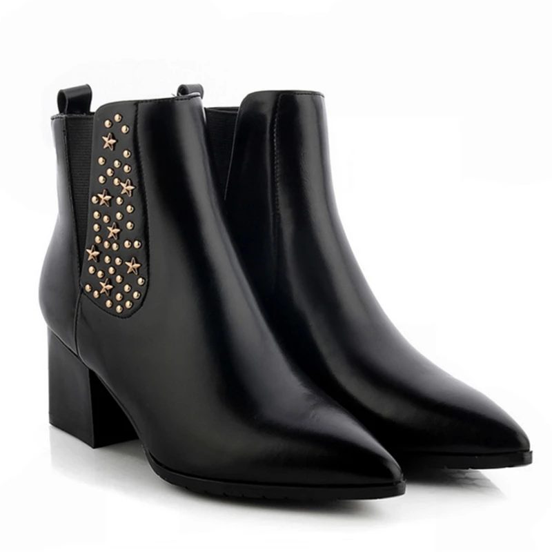 

Women's ankle boot Real leather Tip toe High heels Pure color Rivets Black red brown Pull On Lycra sexy Autumn boots Size 34-40