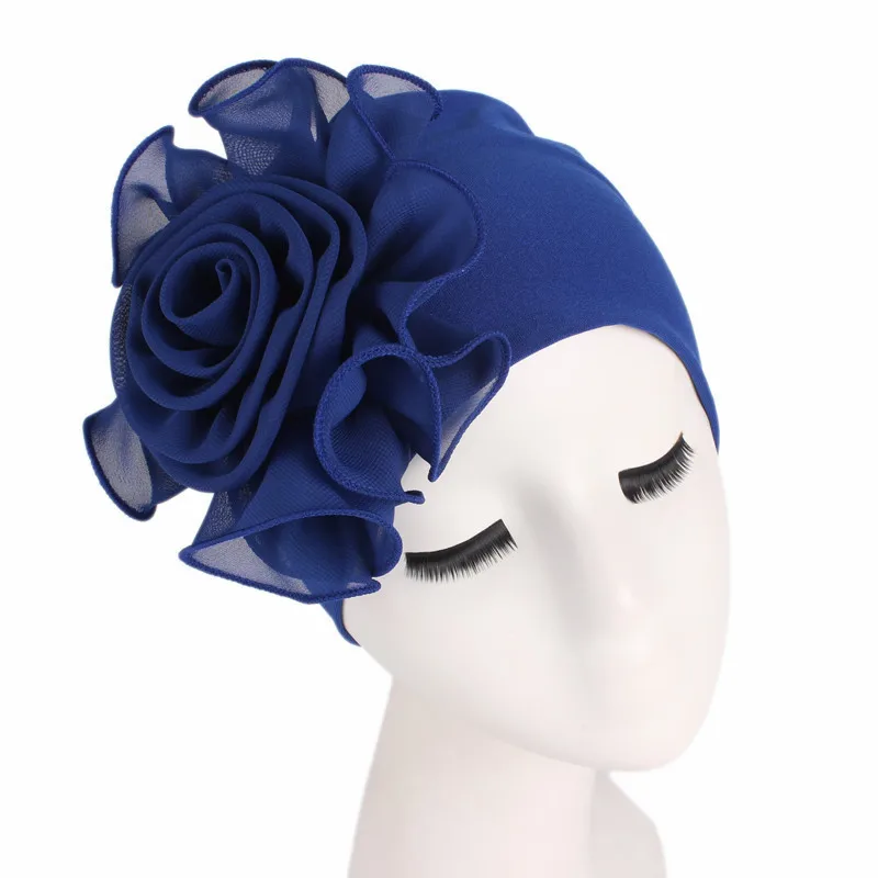 Женский большой цветок Эластичный Тюрбан Дамские элегантные модные аксессуары для волос химиотерапия шляпа голова банданы шарфы - Цвет: royal blue