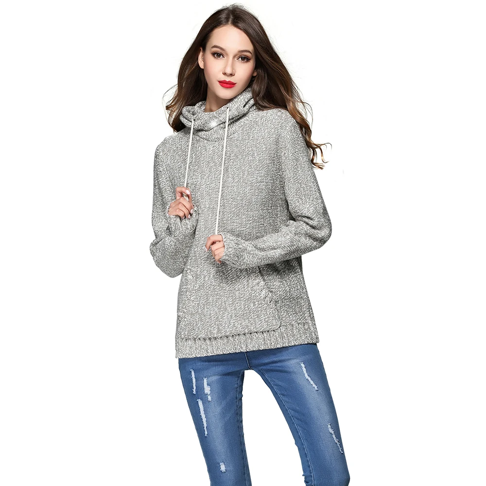 Nice High Neck Hooded Casual Women Sweater Knitting Long