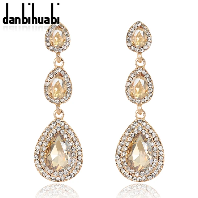 Top Luxury Champagne Crystal Earrings Gold Color Jewelry Fashion Top Luxury Champagne Crystal Earrings Gold Color Jewelry Fashion Female Bricons Wedding Long Drop