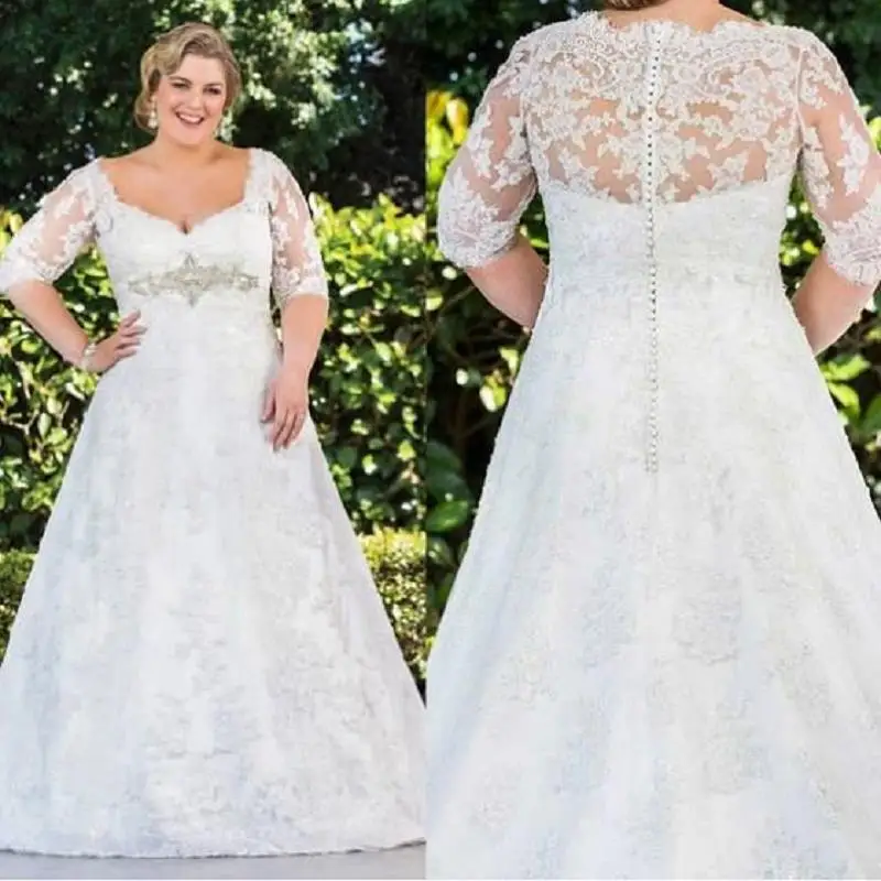 

Vestidos De Boda Lace Plus Size Wedding Dress 2019 Half Sleeves Illusion Back Custom Made Bridal Gowns Elegant Trouwjurk