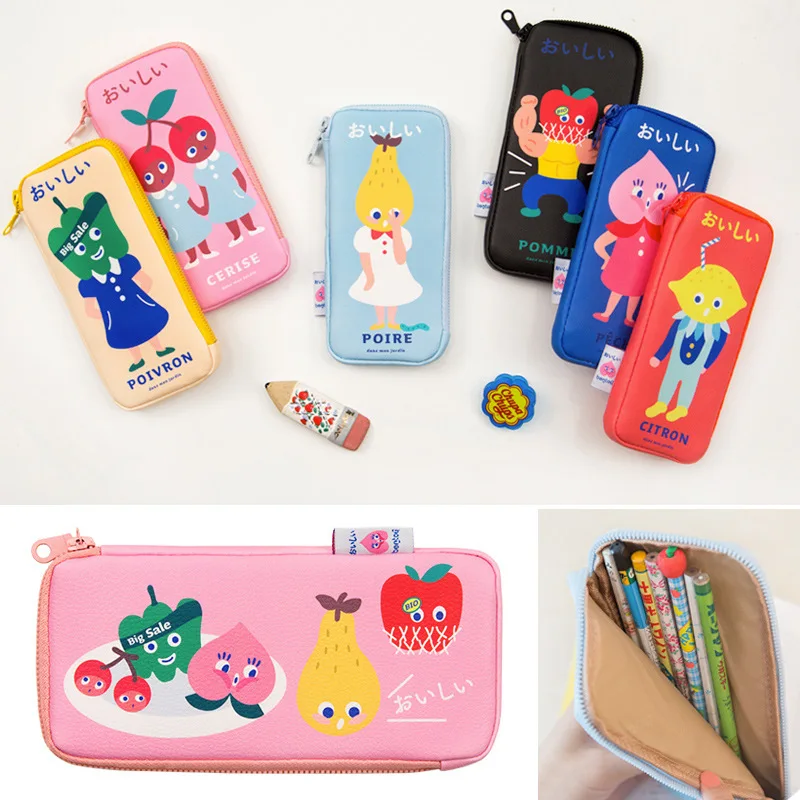 

2019new cute cartoon fruit vegetable print retro pu large pencil case cosmetic cosmetic bag escolar papelaria school stationery