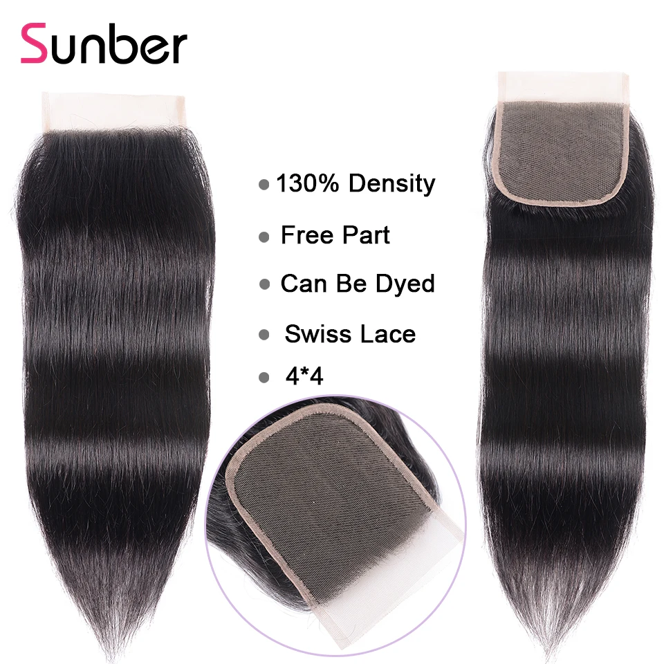 SUNBER волос Реми перуанские прямые волосы 3 Связки с закрытием 4x4 дюйма швейцарский шнурок Бесплатная/средний/третья часть чехол Бесплатная