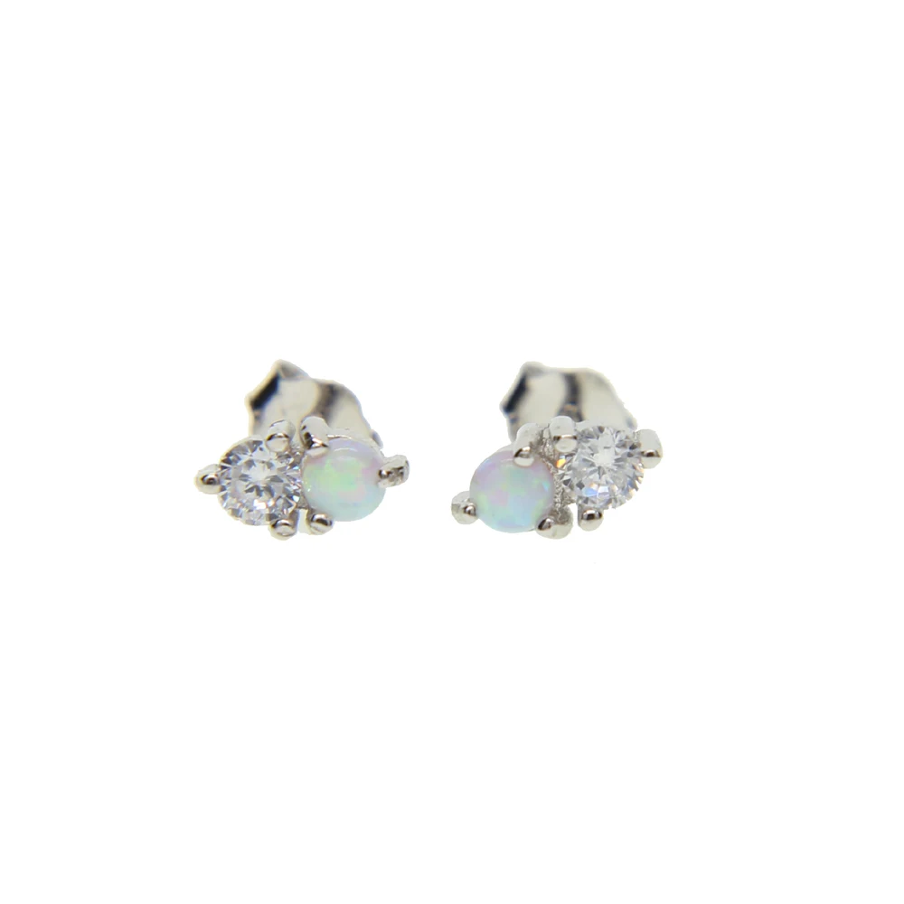 2017 cute minimal girl jewelry 925 sterling silver dainty delicate opal stone tiny stone double hole small earring 925