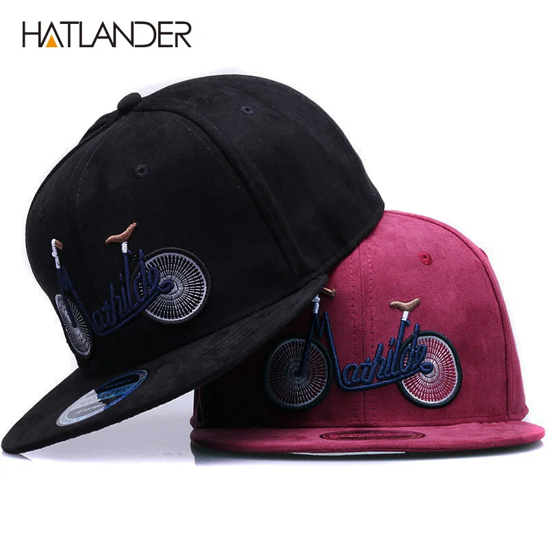 

[HATLANDER]2018 new casual suede baseball caps for men women embroidery bicycle flat bill hip hop hats girls boys snapback cap