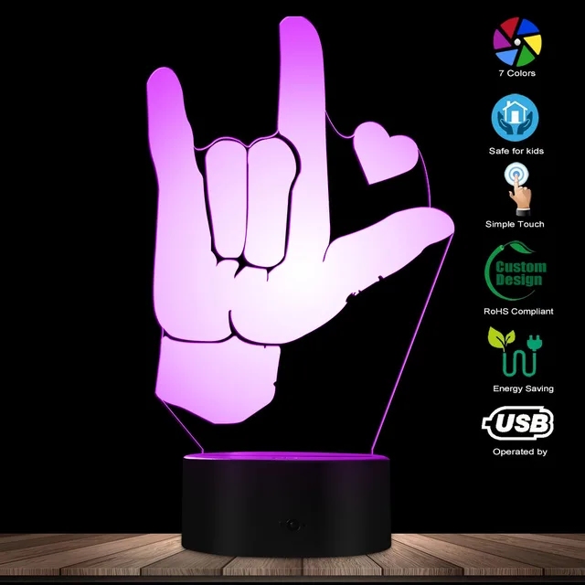 I Love You ASL American Sign Language 3D Optical illusion Light USB
