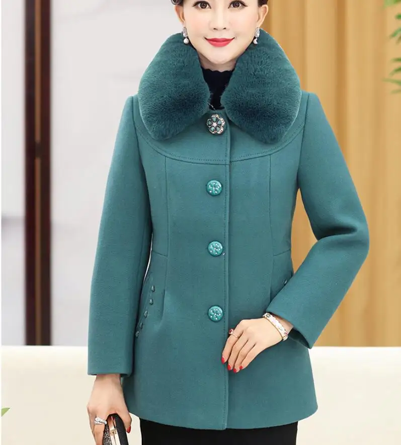 plus size 5XL fashion woolen Fur collar Winter jacket middle-aged women coats long-sleeved long wool coat women