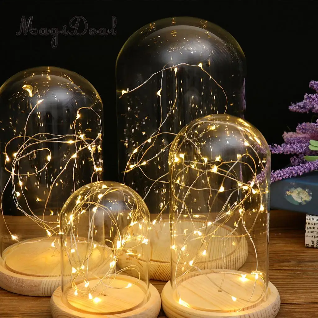 Glass Display Dome Cloche With Suspended LED Lights Tabletop Lamp Wedding Holiday Decor Crafts
