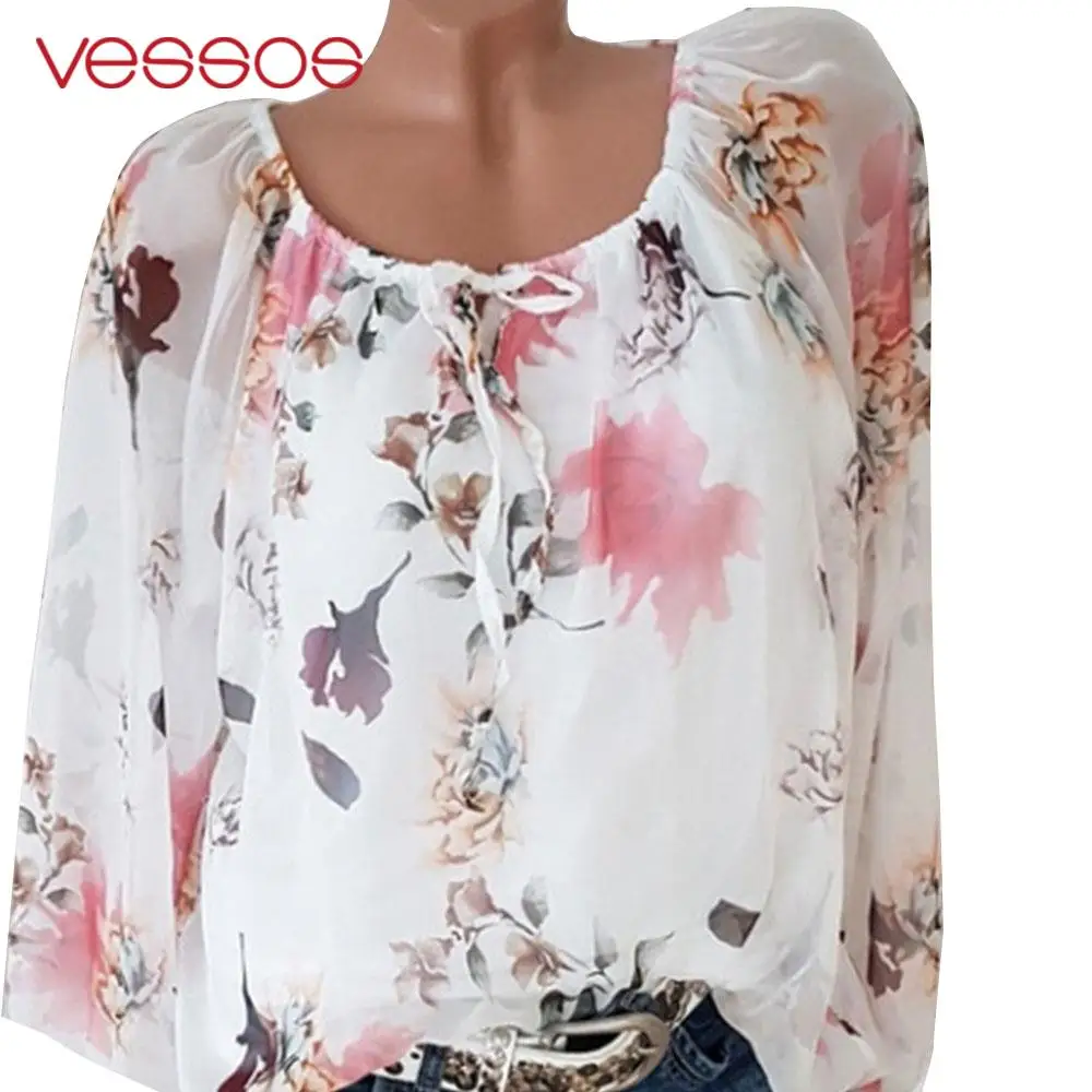 

Fashion Women Long Sleeve T-Shirts Print Flower Chiffon Shirt Slash Neck Lady Top Tee Female Casual T Shiet Free Shipping