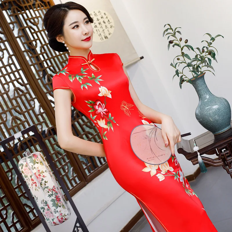 Новинка Длинные Cheongsam Лето 2019 г. Традиционный китайский стиль платье Женские район Qipao Тонкий Вечерние платья с пуговицами Vestido S-5XL