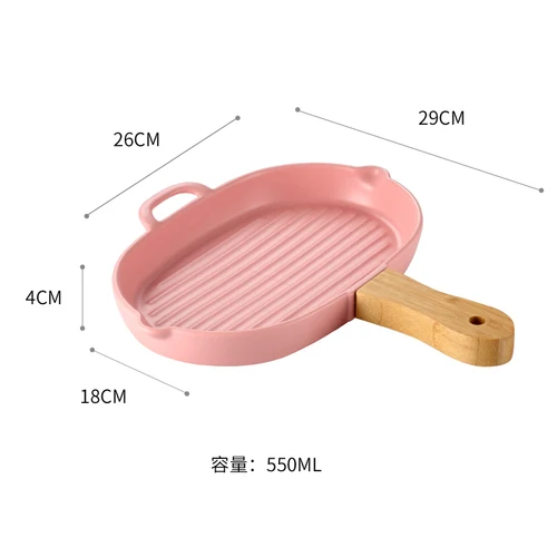 Creative large capacity baking ceramic plate Home kitchen dish with wooden handle flat plate anti-hot black pepper steak plate - Цвет: C