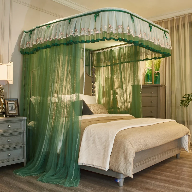 

New Luxury European Palace Style Three open door Landing Rail Green Beige Gray Mosquito Net Stainless Steel Mosquito Frame