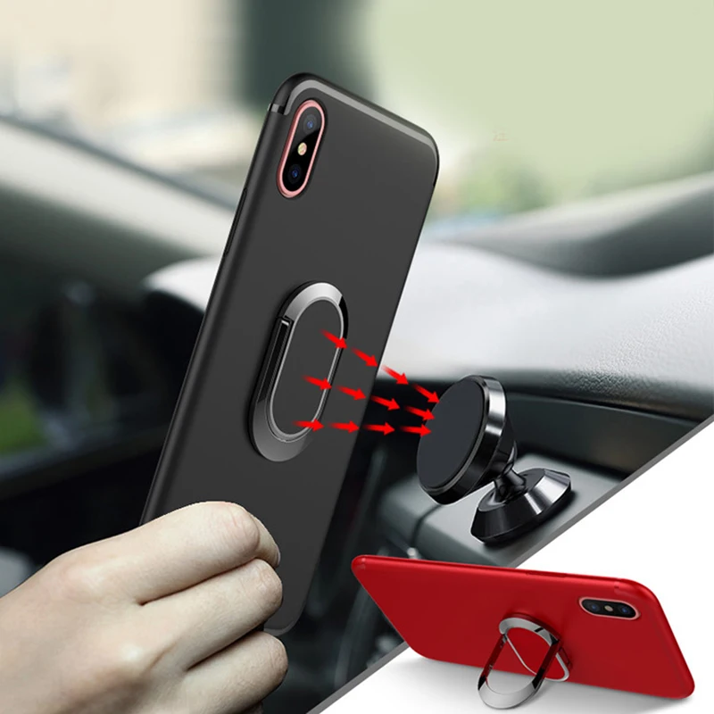 Goede Telefoon Case Voor iPhone X 6 6 s 7 8 Plus creativiteit ring beugel auto magnetische adsorptie back cover Frosted siliconen soft shell