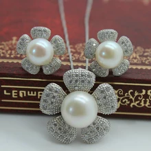 2016 100% genuino de agua dulce naturales collar de perlas y pendientes para las mujeres de plata de ley 925 de circón sistemas de la joyería de bodas regalos
