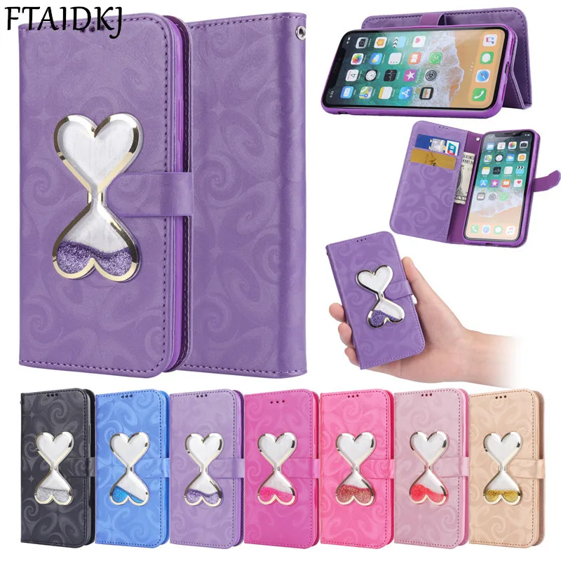 

FTAIDKJ For iPhone XS Max XR 10 X Love Heart Quicksand Liquid Wallet Flip PU Leather Cover For iPhone 5S 5 SE 6 6S 7 8 Plus Case