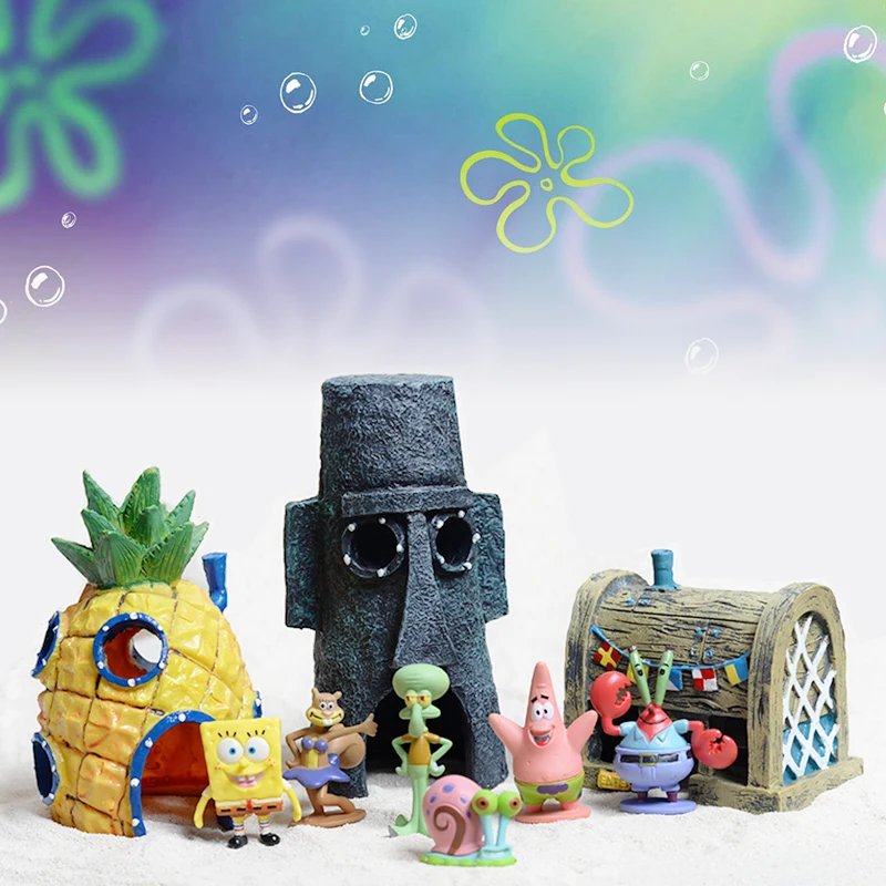

3pcs/set SpongeBob Fish Tank Micro Landscape Decor Pineapple House Fish Shrimp Dodge House Resin Ornament Aquarium Landscaping