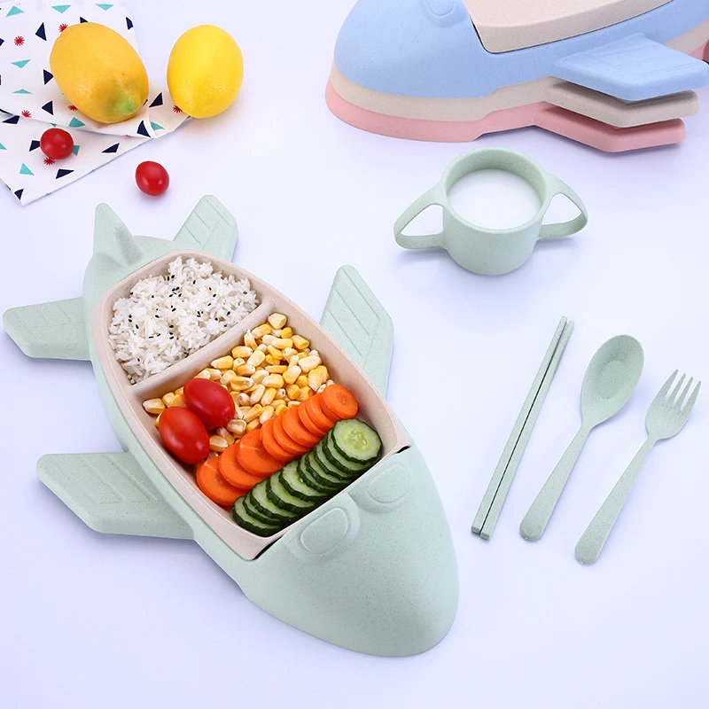Cartoon Baby Dishes Bamboo Fiber Sub-grid Plates Creative Airplane Children Tableware For Infant Kids Feeding Dinnerware Sets