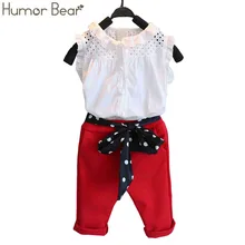 Humor Bear/Новая летняя одежда для детей модная одежда для девочек кружевные Белые блузы+ красный 7 Minutes Of Pants/Костюмы комплект Детские комплекты одежды