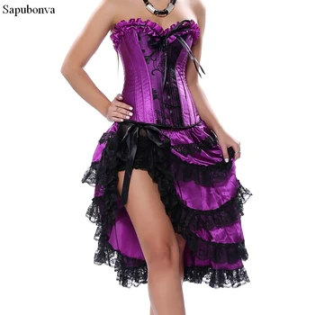 

Sapubonva victorian corset dress gothic sexy burlesque exotic tutu skirt corset party long corset overbust bustier black purple