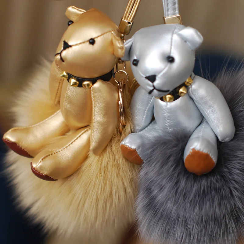 

Teddy Bear Toys Fluffy Fox Fur Ball Pompom Keychain real Fur Pom Keychain Car Bag Charm Fur Ball Key Chain Women Key Holder Key